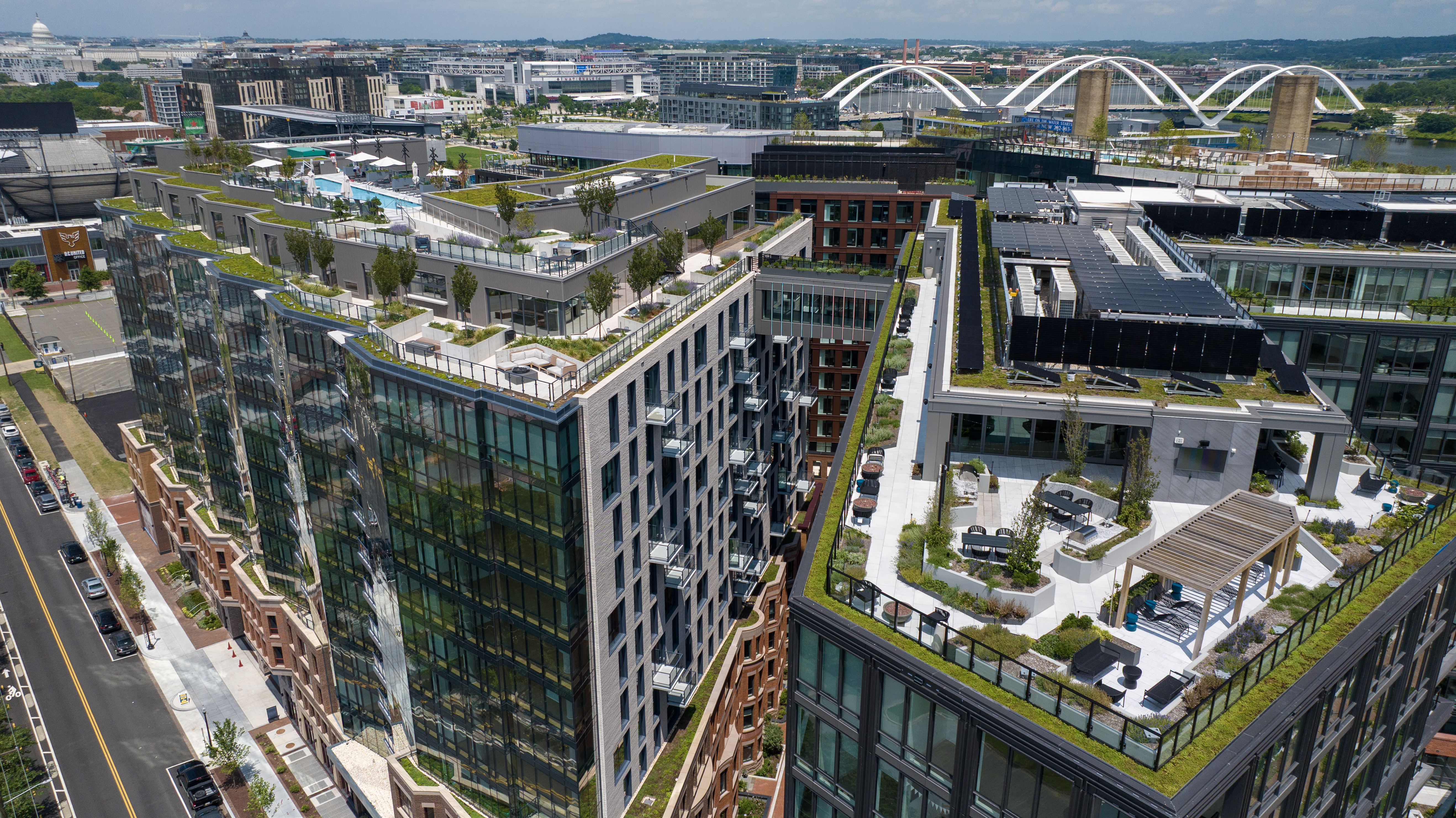 Aerial view of rooftop terraces and The Wharf