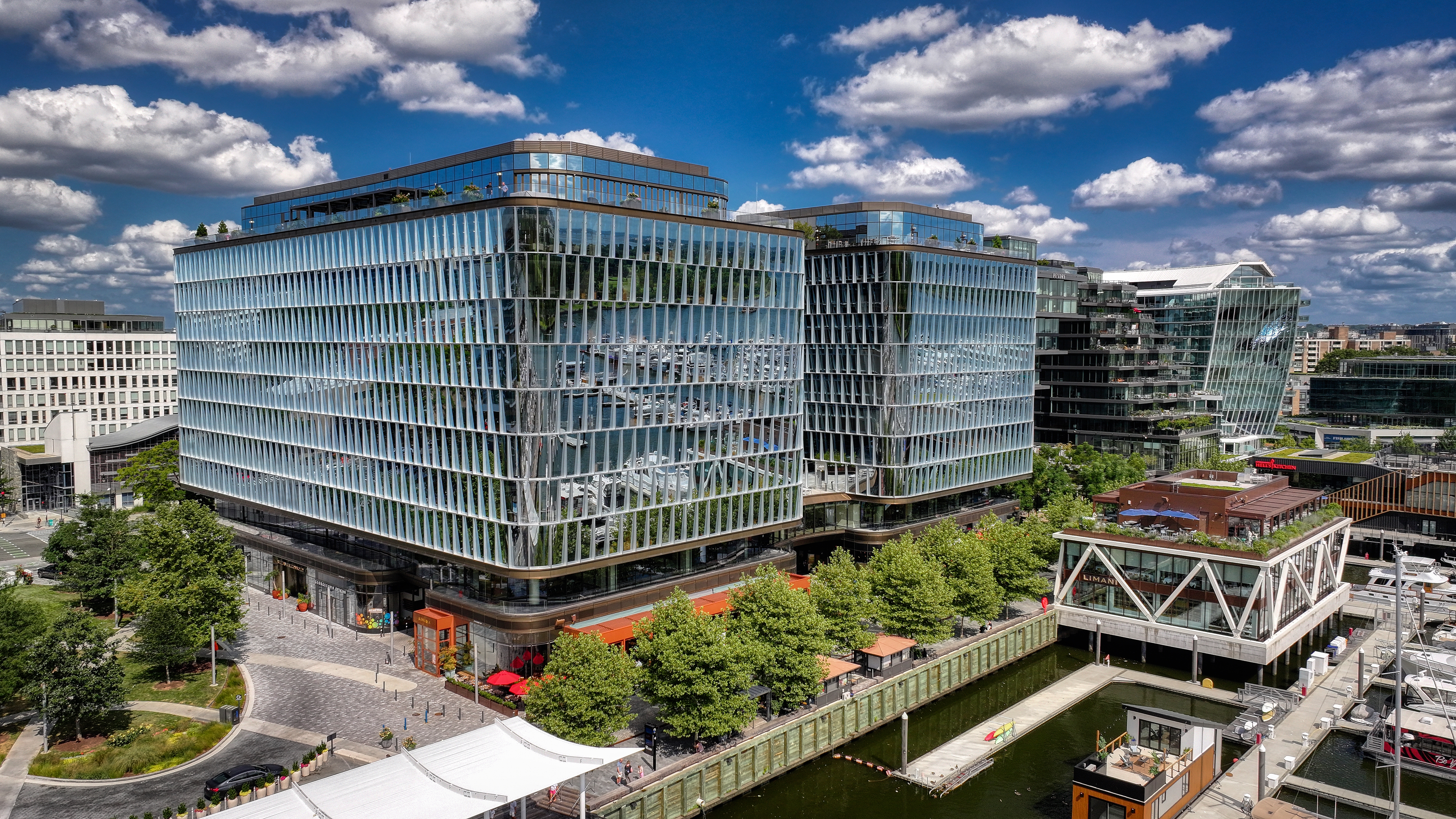 Glass office buildings at The Wharf
